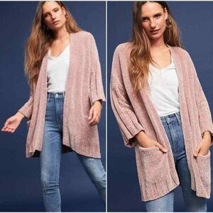 Anthropologie Moth Chenille Oversized Light Pink Open-Front Cardigan